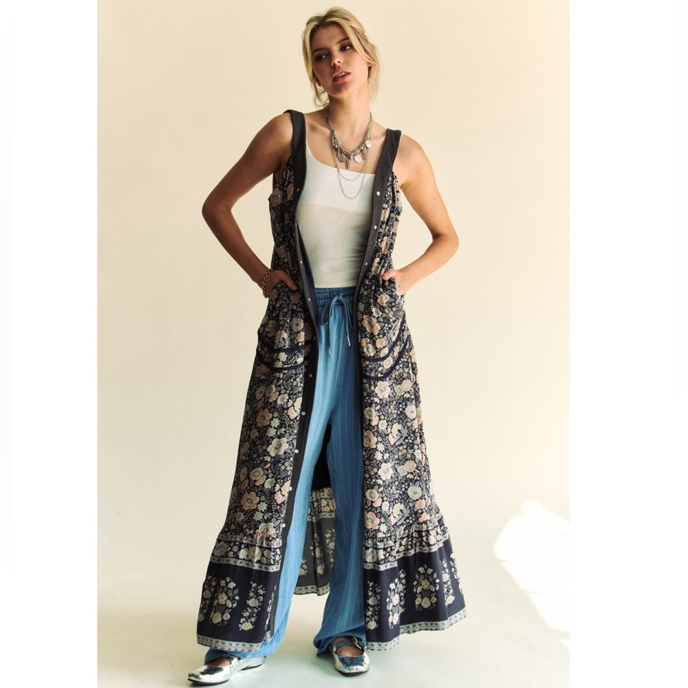 Denim trimming FLORAL STUNNING BUTTON KIMONO FLOWY OVERSIZED MAXI DRESS